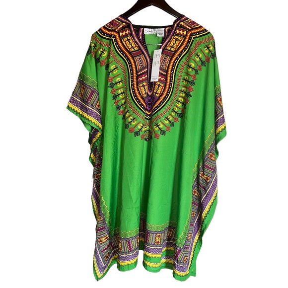 Sante Classics Green Purple Gold Dashiki Silky Sparkly Tunic Boho Coverup Top - Picture 9 of 16